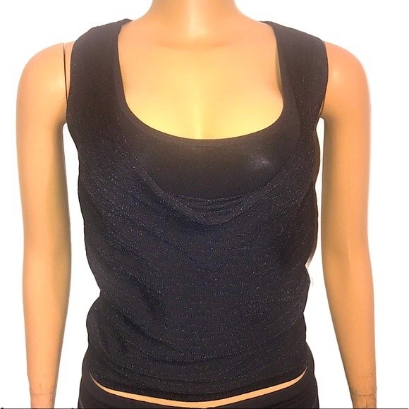 90s Cache Cow Neck Tank Black Layered Ribbed Knit Shimmer Size M - Picture 3 of 16
